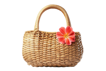 A Charming Woven Handbag Adorned With A Vibrant Coral Flower, Perfect For A Summer Picnic Or Leisurely Stroll, Showcasing A Light And Airy Aesthetic Against A Bright Isolated on Transparent Background