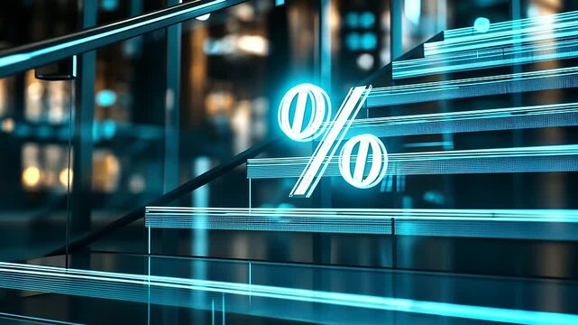 A Federal Reserve press conference scene where a holographic percent symbol (%) slowly moves down a glowing staircase, illustrating the concept of lower interest rates.