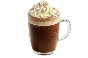 A warm cup of creamy hot chocolate topped with whipped cream and chocolate shavings in winter isolated on transparent background