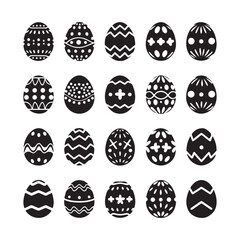  Easter egg icons. Black eggs set, isolated white background. Simple design, decoration Happy Easter. Holiday decorative elements collection. Cute pattern ornament. Spring symbol. Vector illustration