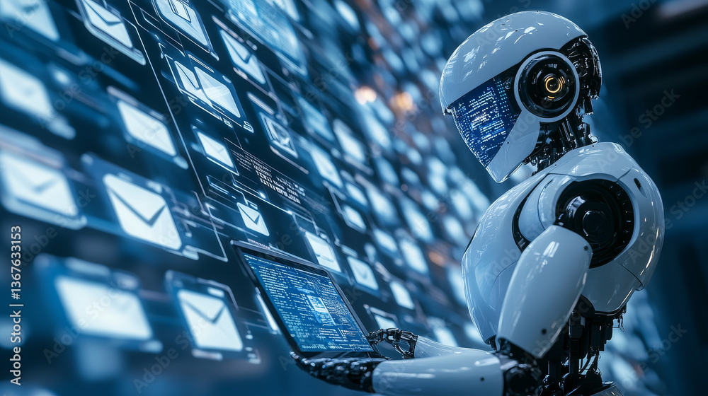 Poster isometric robots man with artificial intelligence working with a virtual interface in chatbot emails
