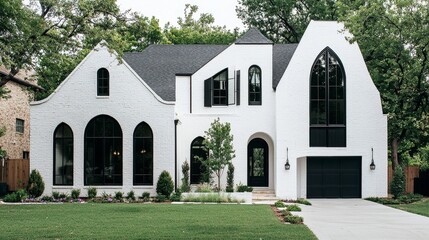 The modern farmhouse features elegant black Bahama shutters that beautifully contrast with its white siding