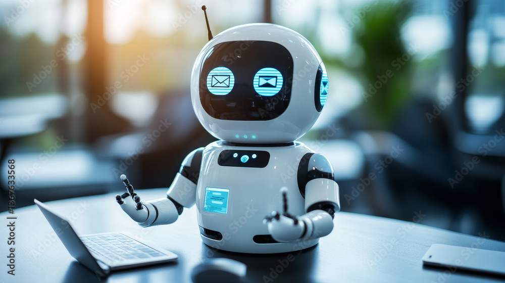 Poster isometric robots man with artificial intelligence working with a virtual interface in chatbot emails