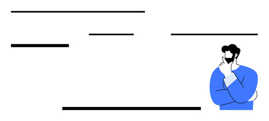 Man in blue sweater thoughtfully observing abstract horizontal lines suggesting decision-making and analysis. Ideal for strategy, problem-solving, introspection, minimalism, design concept