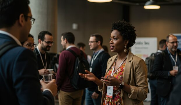 African American woman engaging in conversation at a networking event in a modern urban office. Collaboration and diversity.