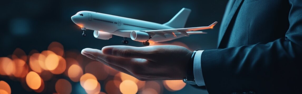 Miniature airplane model held in hand, business concept