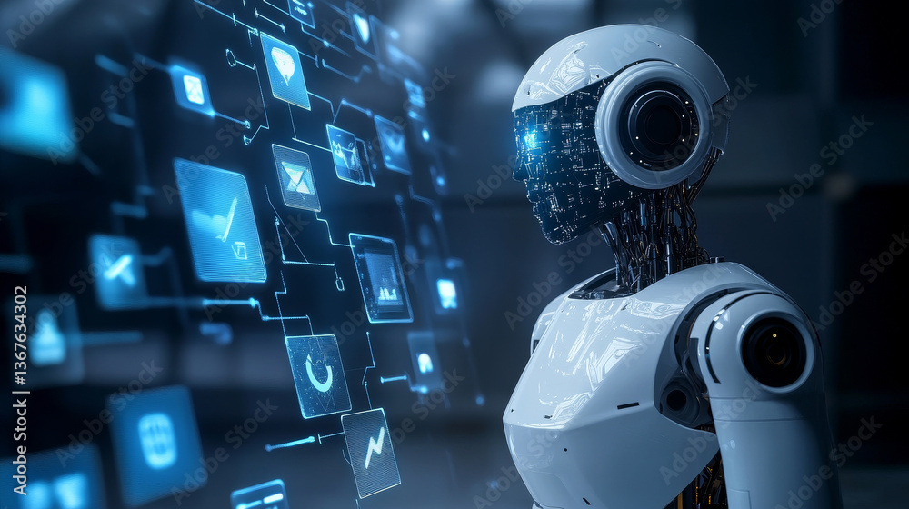Poster isometric robots man with artificial intelligence working with a virtual interface in chatbot emails