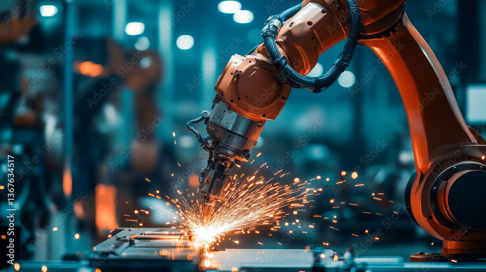 Poster isometric industry 4.0 concept. artificial intelligence. digital manufacturing operation. humanoid r