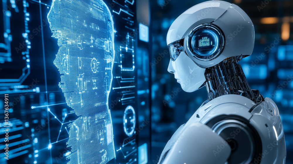 Poster industry 4.0 cyber-physical systems concept. isometric robot cyborg with artificial intelligence wor