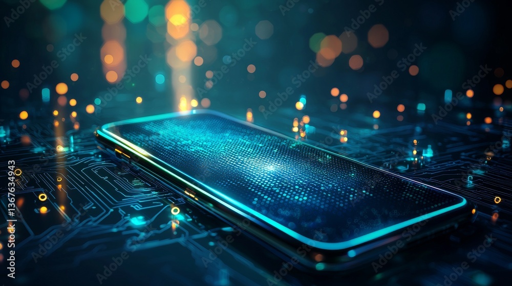 Poster digital data network with a high-tech smartphone interface that displays a cybersecurity lock and is