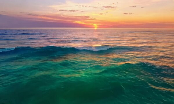 Abstract aerial nature summer ocean sunset sea and sky background. Small waves on clear water surface in motion blur with bokeh lights from sunrise. Holiday, vacation and recreational concept