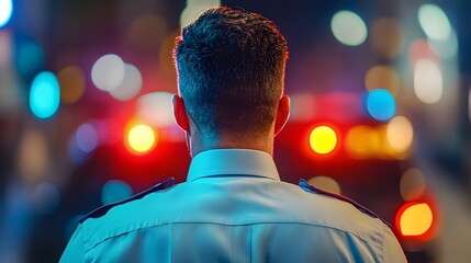 Police officer standing on city street at night
