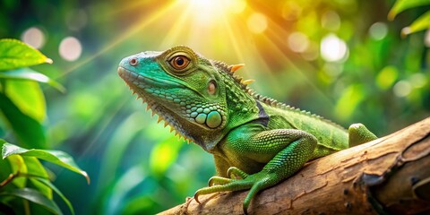 Obraz premium Green Lizard Basking on Branch, Terrarium Bokeh, Reptile Photography, Exotic Pet, Nature Stock Photo