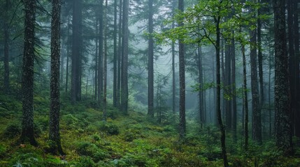 Fototapeta premium Misty Forest Enchantment: A Serene Green Sanctuary