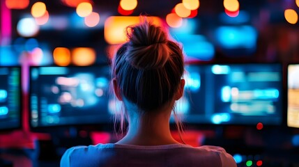 Female gamer engrossed in intense digital battle at gaming setup