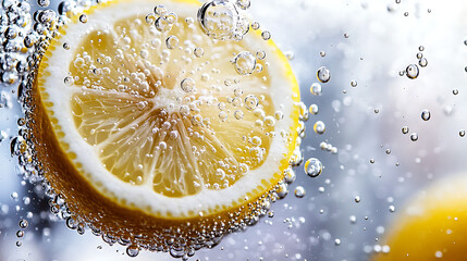 A lemon slice is floating in a glass of water. AI Generated