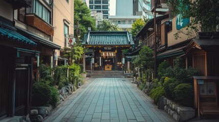 Fototapeta premium Tranquil Pathway to a Japanese Shrine: Serenity in the City