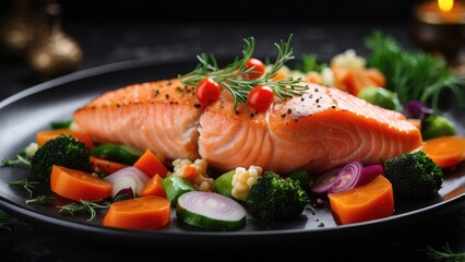 A beautifully plated dish featuring a seared salmon fillet on a dark round plate.