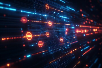 A dynamic timeline of a business plan strategy rollout, featuring vibrant milestones, digital markers, and a tech-inspired layout