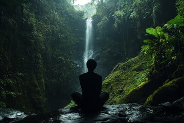 Obraz premium Meditating Person Waterfall Rainforest