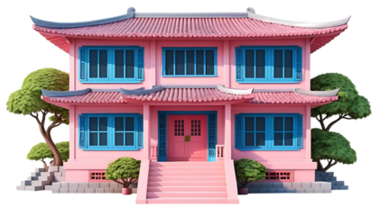Asian-inspired Pink House with Blue Windows and Steps png