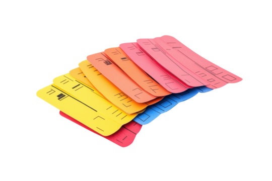 Colorful assortment of paper bookmarks stacked creatively on a clean white surface isolated on transparent background
