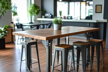 Fototapeta premium Industrial-style high-top bar table for a casual office lounge setting.