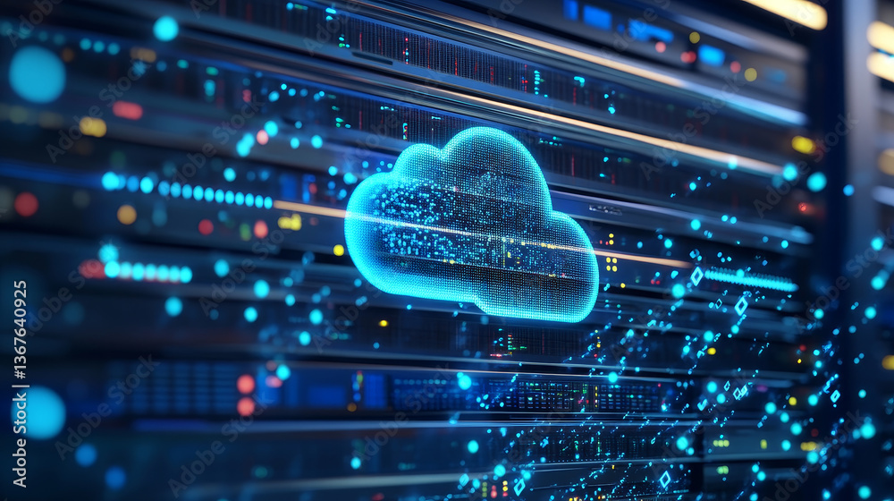 Poster isometric cloud computing concept represented by a server, with a cloud representation hologram conc