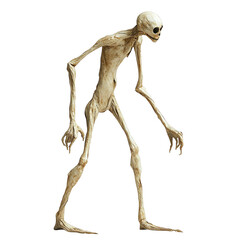 Creepy skeletal figure with elongated limbs and hollow eyes on transparent background
