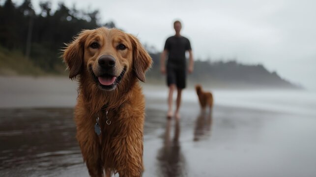 Golden retriever dog standing on a wet beach. the dog is looking directly at the camera with its mouth slightly open, as if it is panting or panting.
