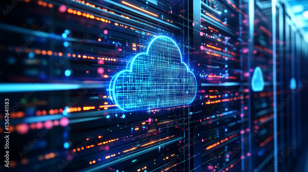 Poster isometric cloud computing concept represented by a server, with a cloud representation hologram conc