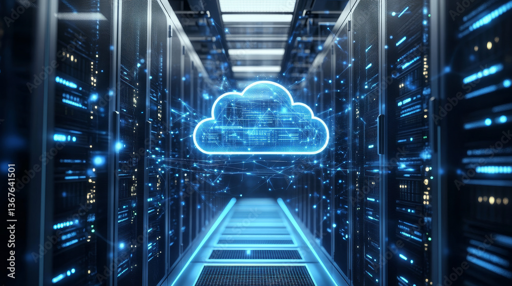 Poster isometric cloud computing concept represented by a server, with a cloud representation hologram conc