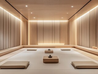 A meditation studio with minimalist design, muted tones, and acoustic-enhancing panels,