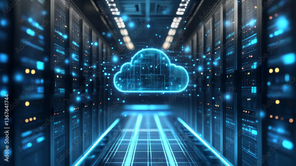 Poster isometric cloud computing concept represented by a server, with a cloud representation hologram conc