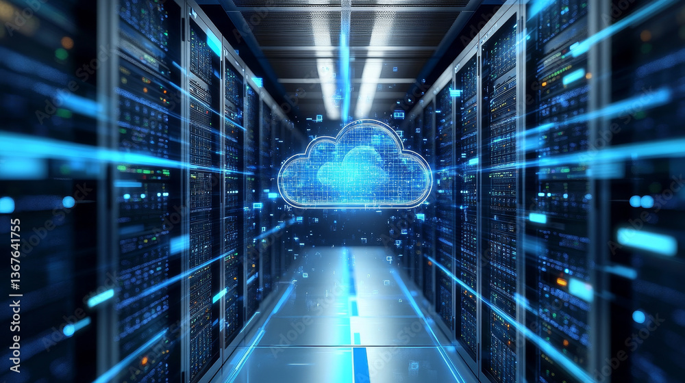 Poster isometric cloud computing concept represented by a server, with a cloud representation hologram conc