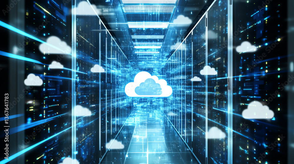 Poster isometric cloud computing concept represented by a server, with a cloud representation hologram conc