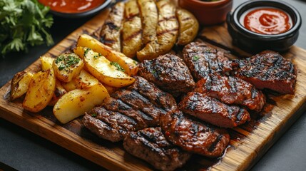 Grilled Steak and Potatoes on Wooden Board with Dipping Sauce Meal
