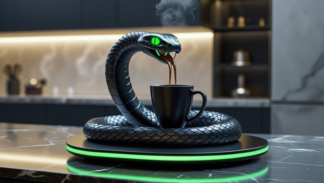 Cobra Pouring Coffee into a Cup in a Modern Kitchen
