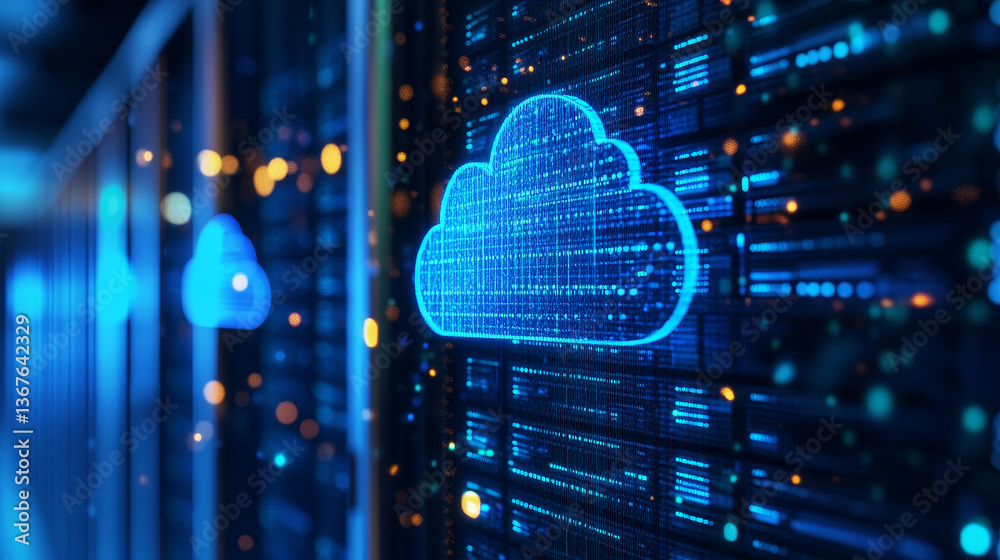 Poster isometric cloud computing concept represented by a server, with a cloud representation hologram conc