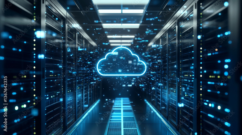 Poster isometric cloud computing concept represented by a server, with a cloud representation hologram conc