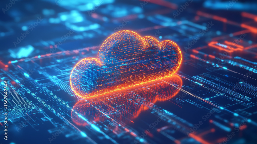 Poster isometric cloud computing concept represented by a server, with a cloud representation hologram conc