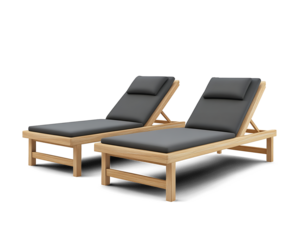 Two Wooden Loungers with Gray Cushions Isolated on Transparent Background PNG