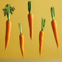Floating carrot in mid-air concept. Fresh carrots displayed on a bright yellow background.