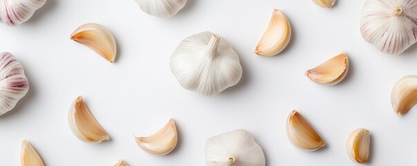 Fototapeta premium Whole and peeled garlic composition concept. Garlic cloves and bulbs scattered on a white background.
