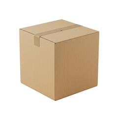 A square cardboard box sealed with tape sitting isolated on transparent background