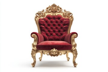 Luxurious royal chair adorned in rich red velvet, exuding elegance in a minimalist setting isolated on transparent background