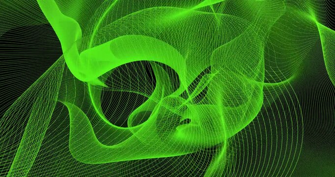 A green veil in motion on a black background. A computer mathematical model. Multidimensional abstraction, colorful background particles. Rotation of 3D shapes and lines. A cosmic being. 