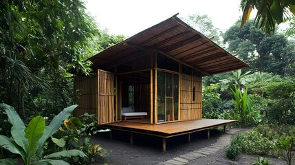 A small bamboo eco-house with an open-air living space surrounded by greenery