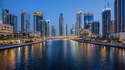 Obraz premium Dubai Marina Skyline at Dusk: A Captivating View of Modern Architecture and Tranquil Waters