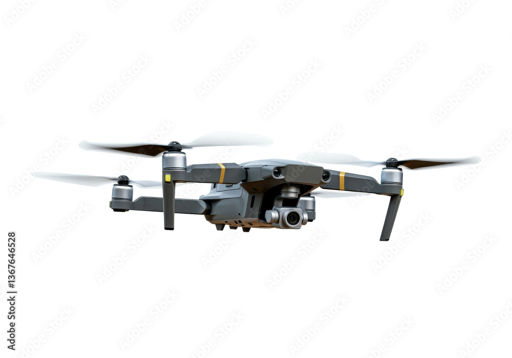 Fototapete A drone hovering in mid-air with propellers visible, on a solid white background